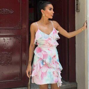 Zara Ruffle Floral Chiffon Mini Dress White Pink Blue Size Medium